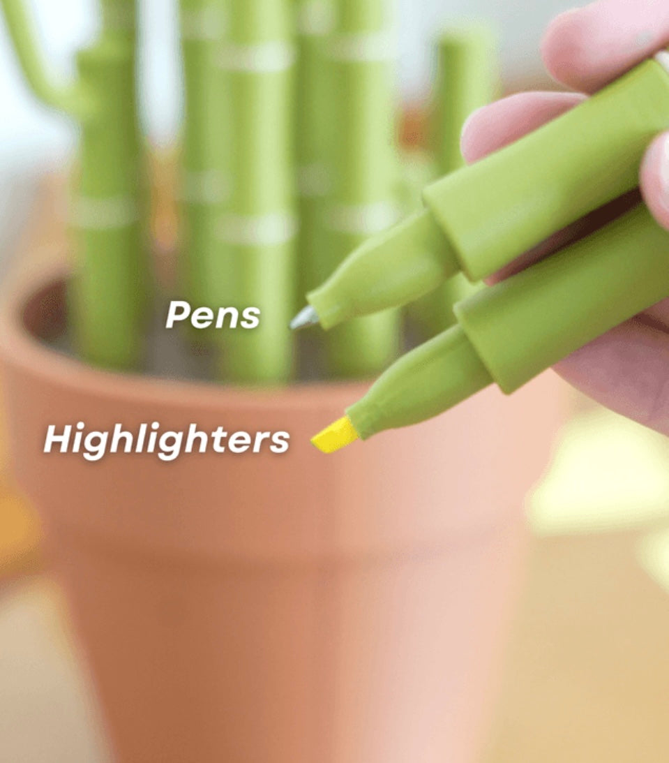 Bamboo Plant Bookends with Pens and Highlighters